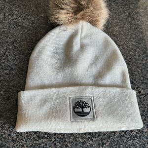 Timberland Cream Beanie with Faux Fur Pom